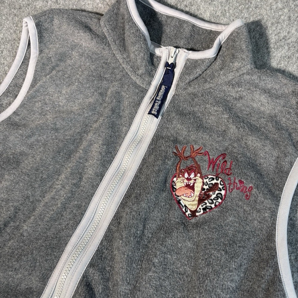 Vintage Looney Tunes Womens Vest Fleece Taz Wild Thing Gray Full Zip Y2K Cartoon
